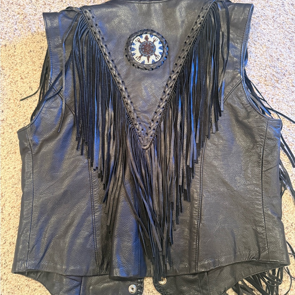 Black Leather Vest with Fringe and Beaded Details - Picture 4 of 6